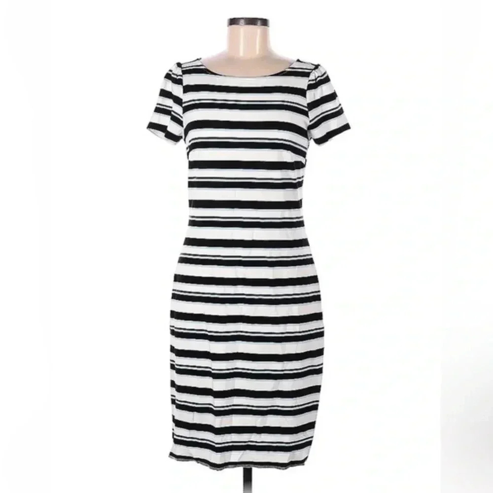 Ann Taylor Blue Black White Striped Knit Short Sleeve Sheath Dress Size Medium M